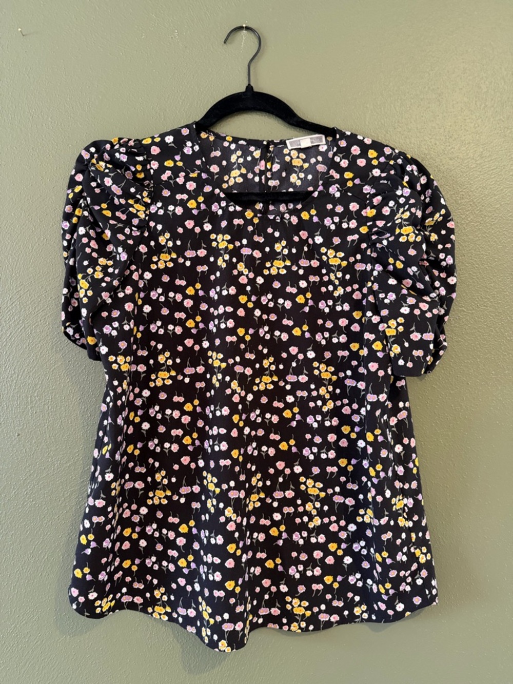 Pleione Black Blouse with Pink & Yellow Floral Print